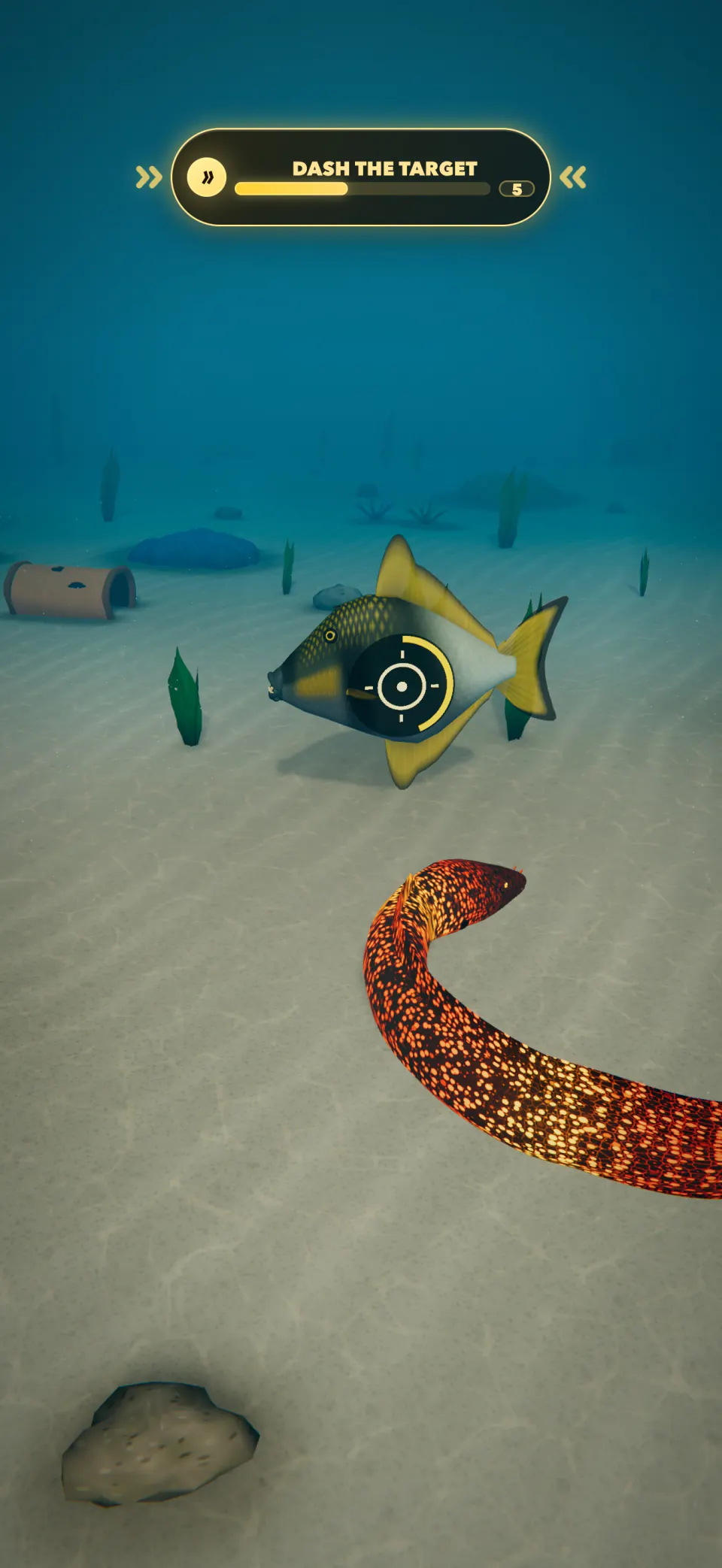 A glowing orange Magma eel lines up a dash at the Titan Triggerfish boss on Shallow Reef.