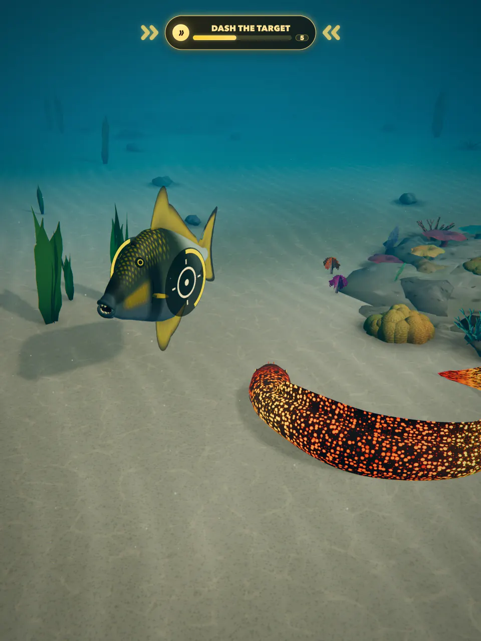 A glowing orange Magma eel lines up a dash at the Titan Triggerfish boss on Shallow Reef.