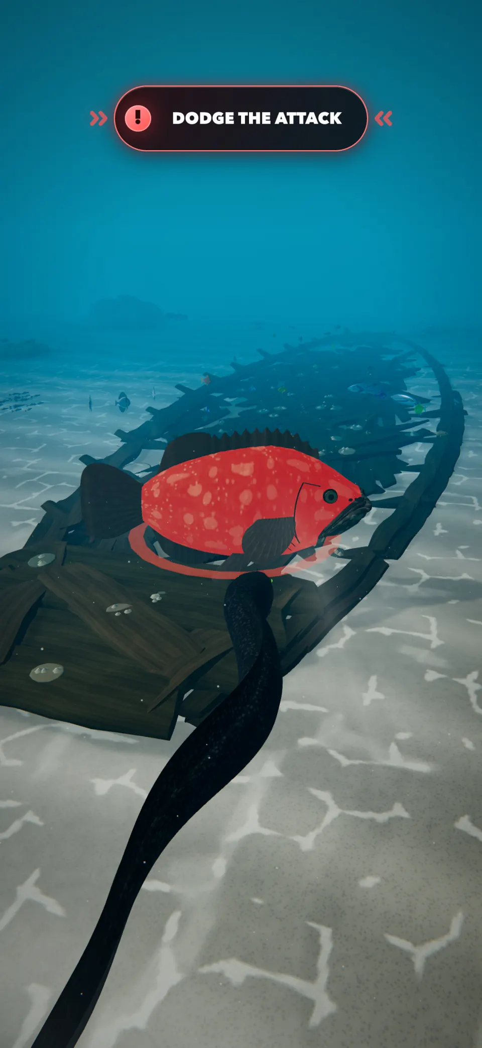 A Black eel dodges a charge from the red Giant Grouper boss beside the Shipwreck.