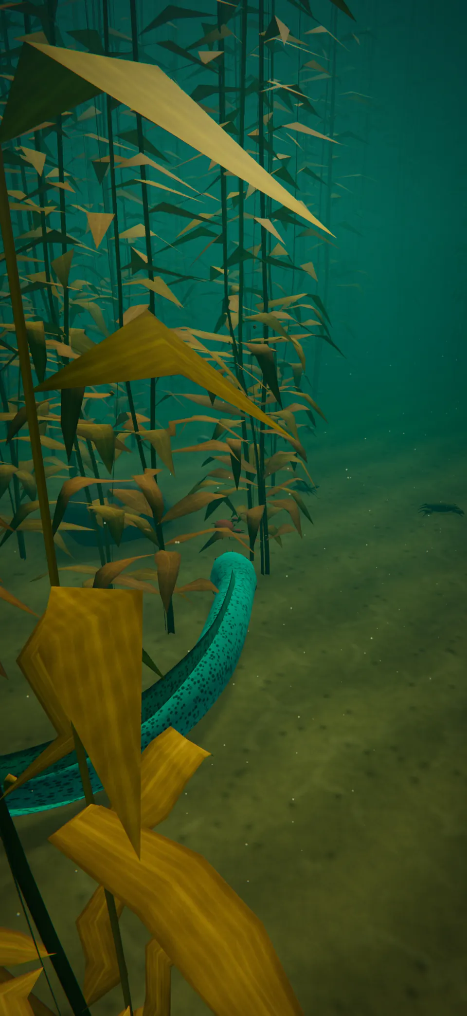 A spotted Electric Cyan eel weaves between tall golden kelp in the Kelp Forest.