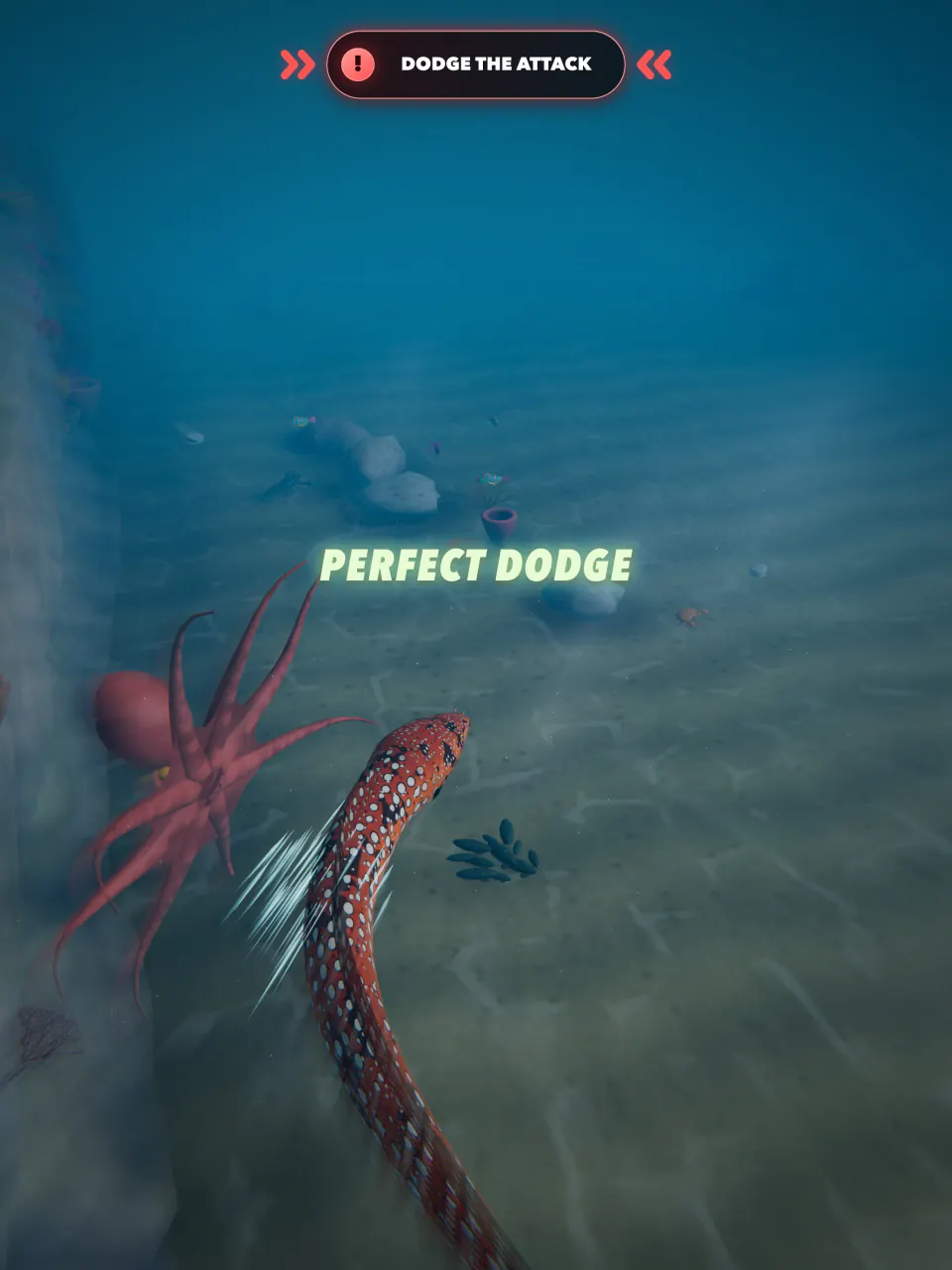 A Dragon Moray slips past the Giant Octopus boss at Cliff Reef as “Perfect dodge” flashes up.