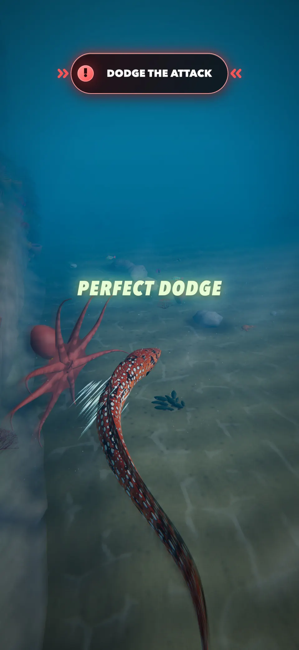 A Dragon Moray slips past the Giant Octopus boss at Cliff Reef as “Perfect dodge” flashes up.