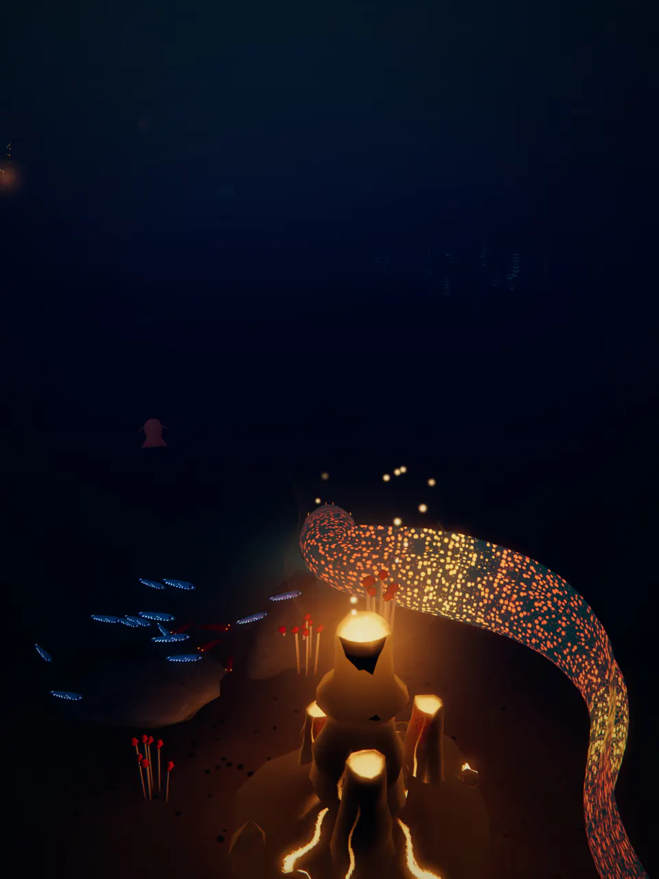 The glowing Magma eel slides past fiery vents on the pitch-dark floor of the Abyss.