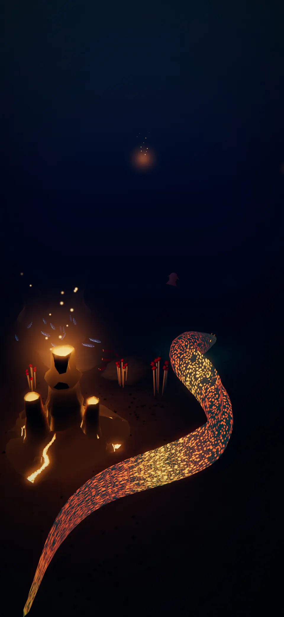 The glowing Magma eel slides past fiery vents on the pitch-dark floor of the Abyss.