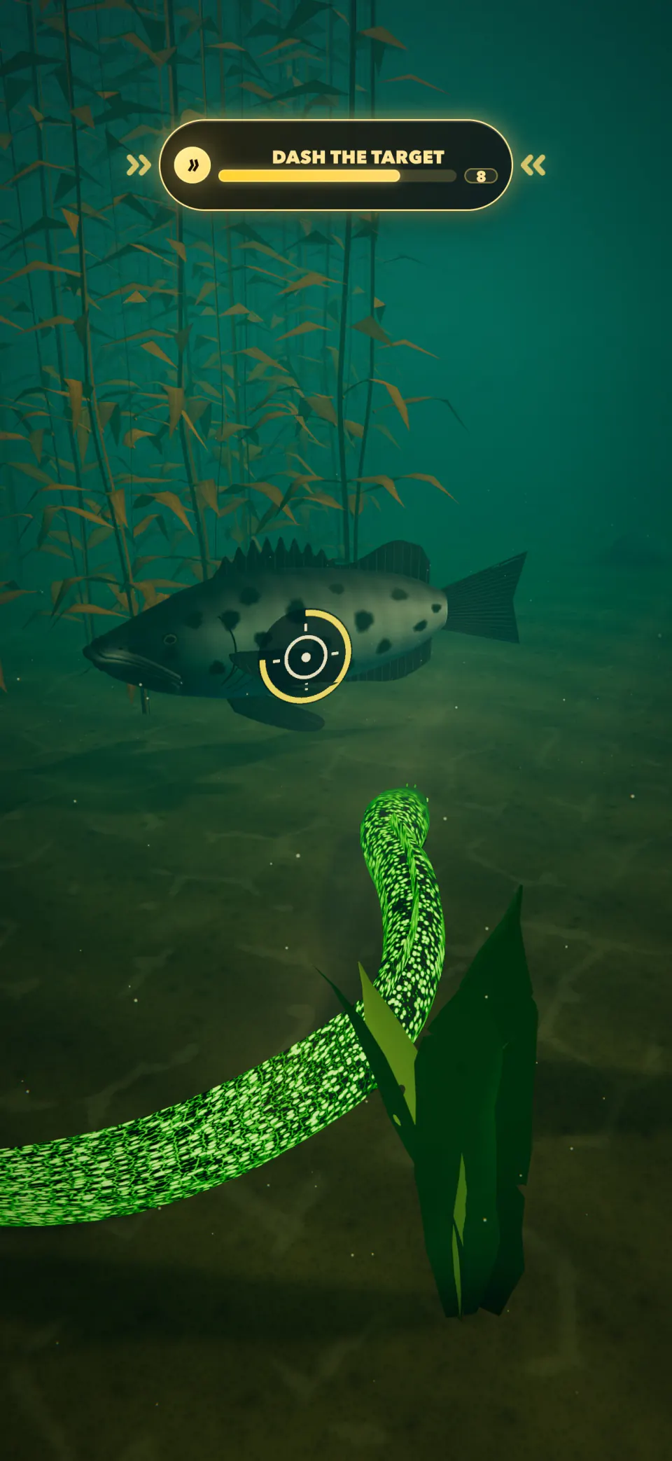 The glowing green Luminous eel lines up a dash at the Giant Sea Bass boss in the Kelp Forest.