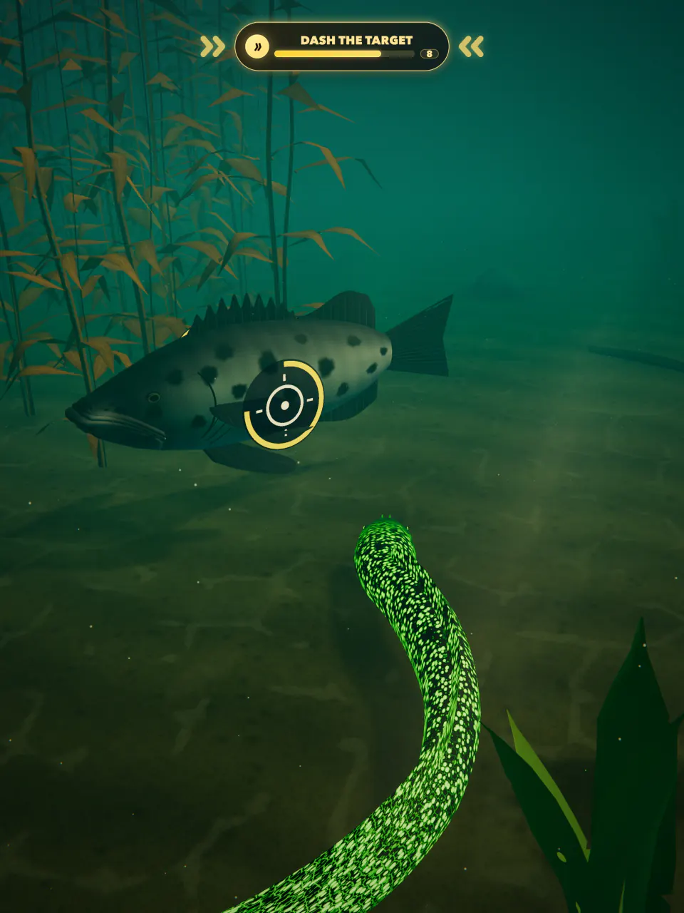 The glowing green Luminous eel lines up a dash at the Giant Sea Bass boss in the Kelp Forest.