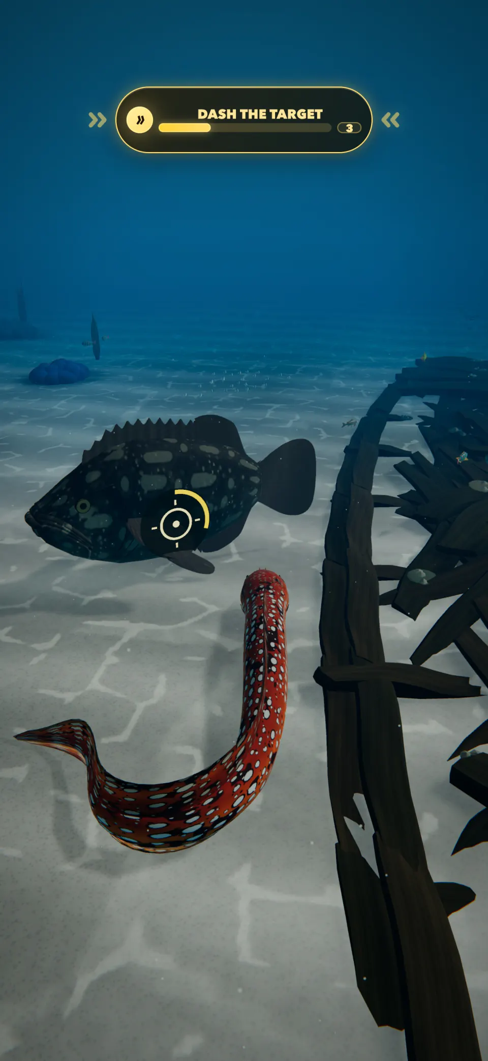 A Dragon Moray curls up to dash at the Giant Grouper boss beside the broken hull of the Shipwreck.