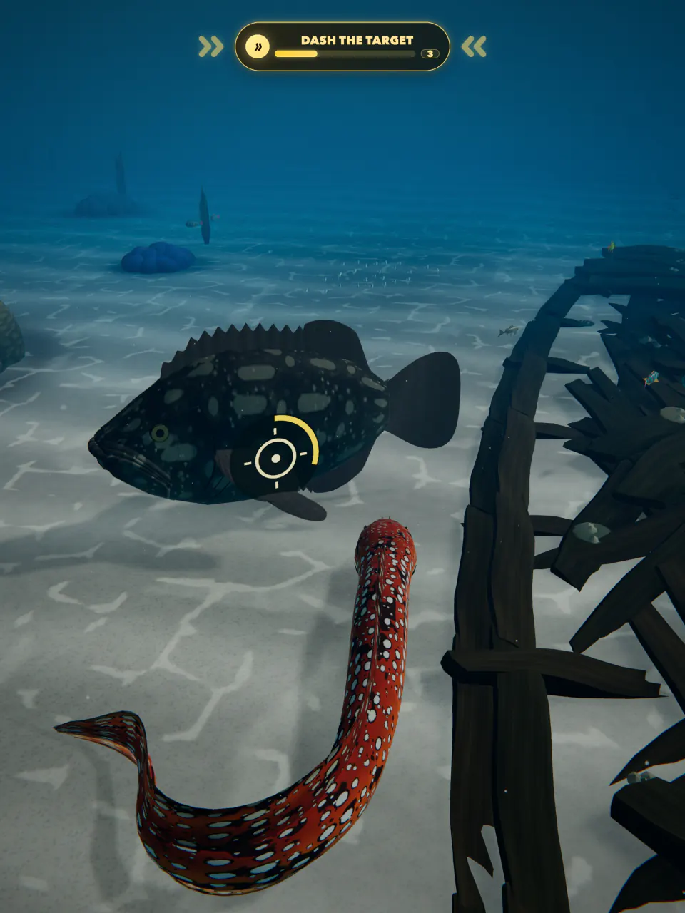 A Dragon Moray curls up to dash at the Giant Grouper boss beside the broken hull of the Shipwreck.