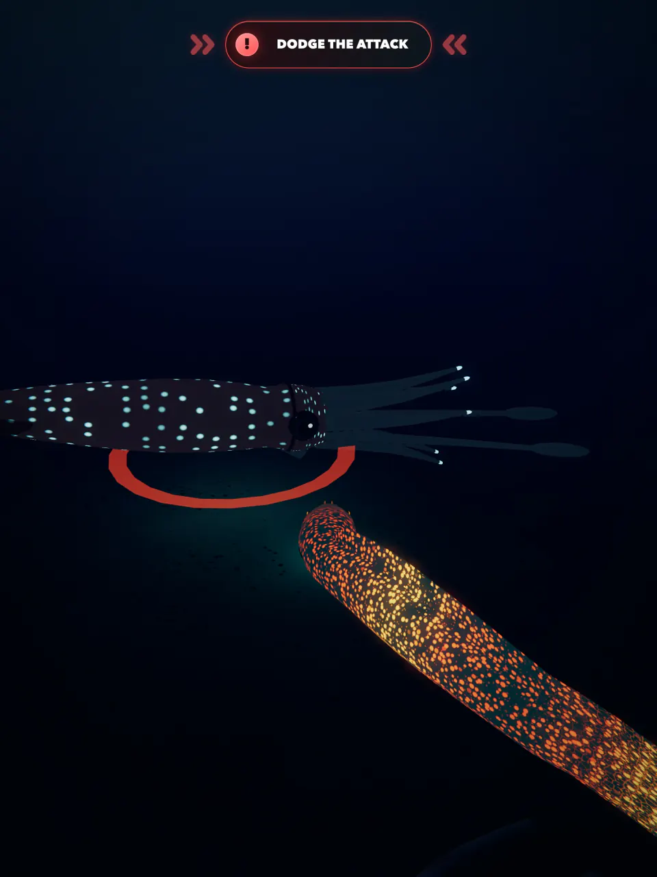 The glowing Magma eel gets ready to dodge an attack from the Giant Squid boss in the Abyss.