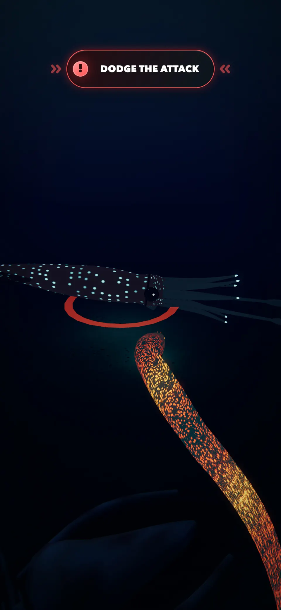 The glowing Magma eel gets ready to dodge an attack from the Giant Squid boss in the Abyss.
