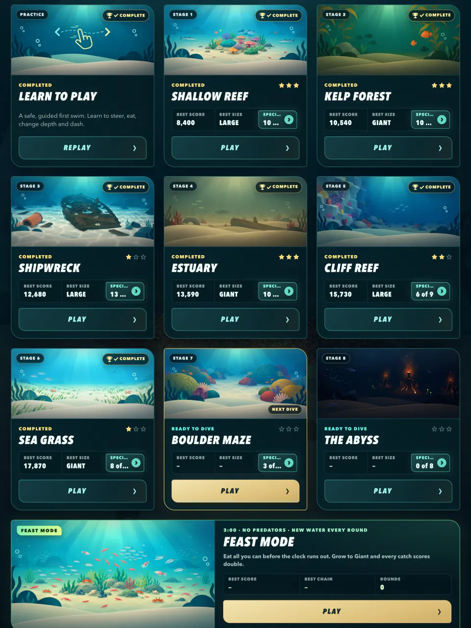 The stage list, showing the stars earned on each stage.