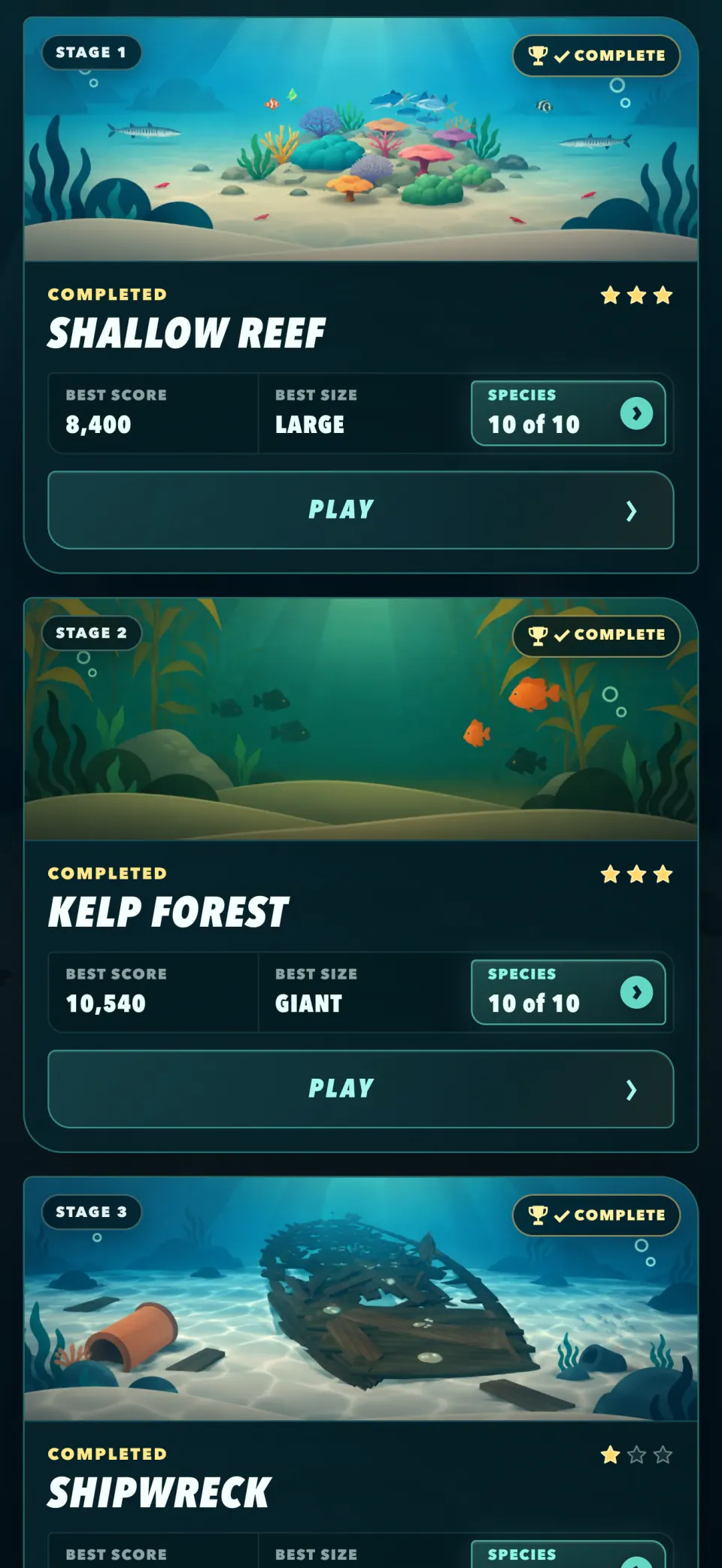 The stage list, showing the stars earned on each stage.