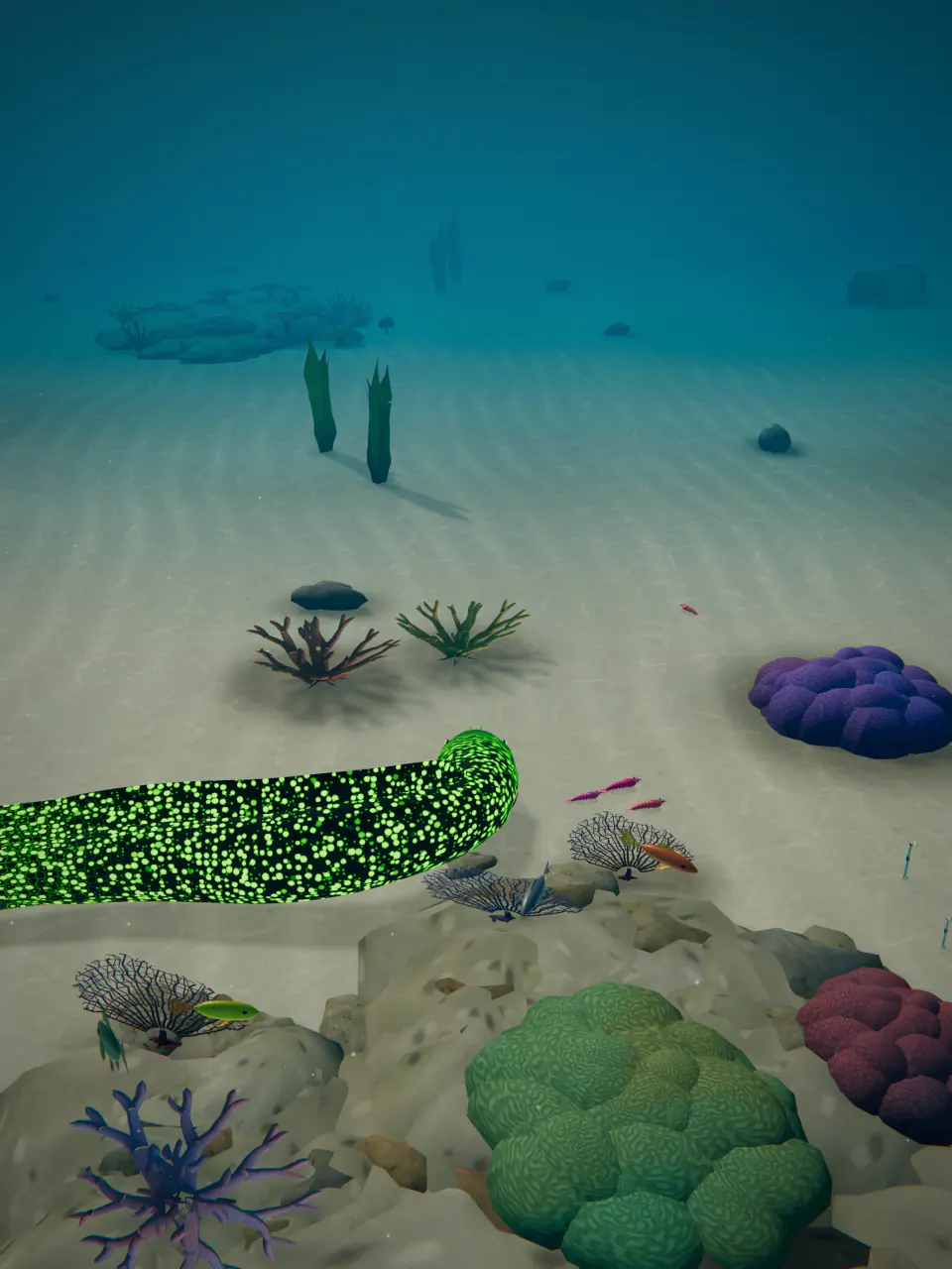 The glowing green Luminous eel swims over the coral of Shallow Reef.