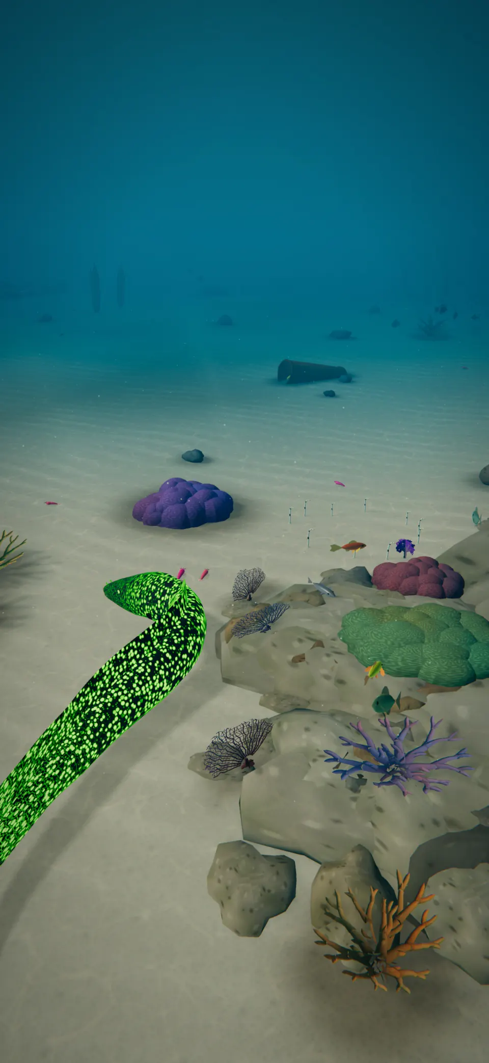The glowing green Luminous eel swims over the coral of Shallow Reef.