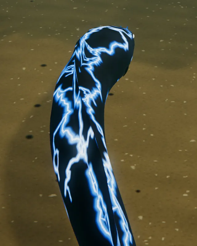 The Storm Eel in the game: storm-dark and veined with glowing blue lightning.